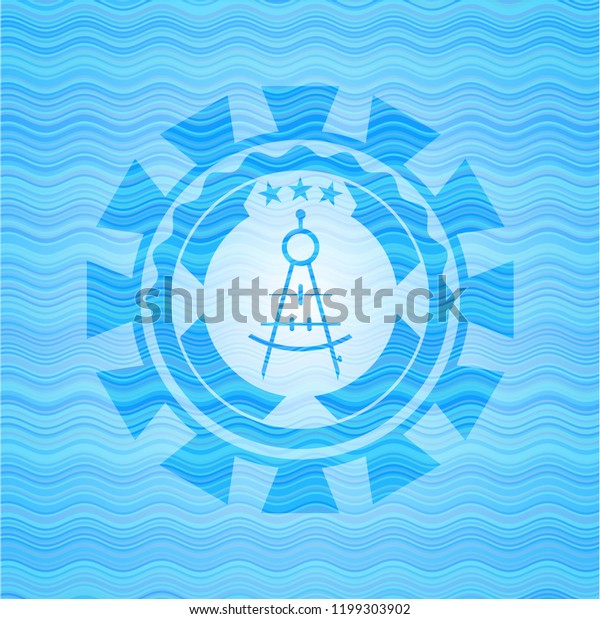 drawing compass icon inside water wave\
representation style\
emblem.