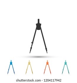 Drawing compass icon isolated on white background. Compasses sign. Drawing and educational tools. Geometric instrument. Education sign. Set elements in colored icons. Flat design. Vector Illustration