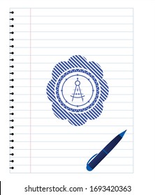drawing compass icon pen draw. Blue ink. Vector Illustration. Detailed.