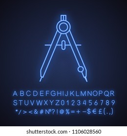 Drawing compass neon light icon. Divider. Drafting glowing sign with alphabet, numbers and symbols. Vector isolated illustration