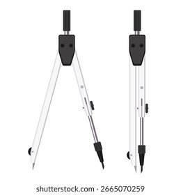 Drawing compass, open and closed, technical instrument for drafting circles or arcs. Stationery and tools collection. Hand drawn flat vector illustration isolated on white background 