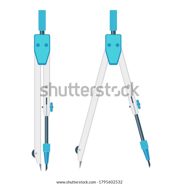 Drawing compass. Pair of compasses opened and closed,\
flat icons. Technical instrument for drafting circles or arcs.\
Stationery and tools collection. Vector illustration isolated on\
white background 