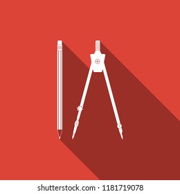 Drawing compass and pencil with eraser icon isolated with long shadow. Education sign. Drawing and educational tools. Geometric equipment. School office symbol. Flat design. Vector Illustration