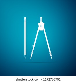 Drawing compass and pencil with eraser icon isolated on blue background. Education sign. Drawing and educational tools. Geometric equipment. School office symbol. Flat design. Vector Illustration