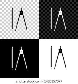 Drawing compass and pencil with eraser icon on black, white and transparent background. Education sign. Drawing and educational tools. Geometric equipment. School office symbol. Vector Illustration