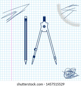 Drawing compass and pencil with eraser line sketch icon isolated on white background. Education sign. Drawing and educational tools. Geometric equipment. School office symbol. Vector Illustration