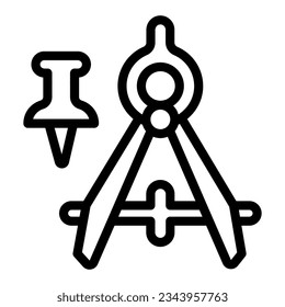 Icono de brújula de dibujo y línea de pasador de empuje, concepto de suministros de oficina, signo de vector de herramienta de dibujo sobre fondo blanco, icono de esquema de diseño web de concepto móvil. Gráficos vectoriales.