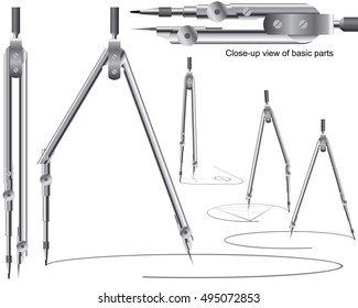 Drawing compasses for draftsmanship; Geometric precision measuring tool for teaching descriptive geometry and drawing of circles and roundings for draftsmen, engineers, architects; Vector set Eps8