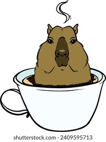 Zeichnung abgeschlossen
im Vektorstil, Capybara in einer Tasse Kaffee, Capybara in einer Tasse