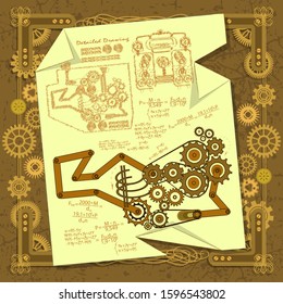 A drawing of a complex mechanism with detailed calculations on a rumpled sheet of paper in the original frame in the steampunk style. Aged background. Vector illustration