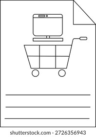 A drawing of a computer atop a shopping cart on lined paper with a folded corner