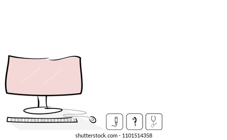 Drawing Computer Monitor,mouse,keyboard with education icon,communication icon and healthy icon on isolated white background illustration vector