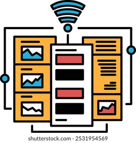 Eine Zeichnung eines Computernetzwerks mit einem Wi-Fi-Symbol. Die Zeichnung ist bunt und bewegt sich