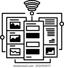 Desenho de uma rede de computadores com um símbolo Wi-Fi