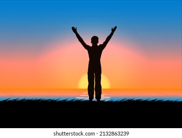 drawing concept silhouette Thanksgiving the man standing raise your hand with sunset background vector illustration