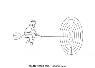 Drawing of confidence arab businessman riding dart aiming for target. Metaphor for target, goal, and strategy. Continuous line art style
