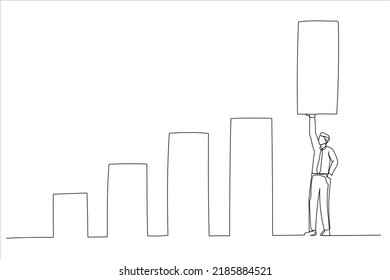 Drawing of confident businessman help lift up bar graph to new high level. Increase sales or revenue raising. Single line art style
