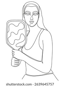 Drawing of a confident female pickleball player holding a paddle and getting ready for action. Editable and suitable for various creative projects related to sports