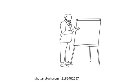 Drawing of confident speaker gives presentation with flipchart presenting new marketing project. One line art
