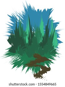 drawing coniferous forest, blue sky and a footpath
