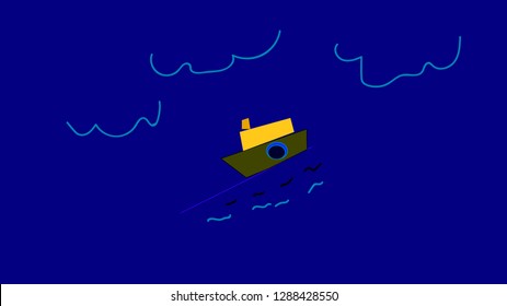 The drawing consists of a boat in the ocean.