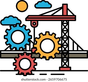 Um desenho de um canteiro de obras com uma grua e um grande número de engrenagens. As engrenagens são de diferentes cores e tamanhos, e o guindaste está levantando-os