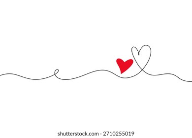 El dibujo es una línea continua del corazón. Fondo romántico para San Valentín, bodas, postales con dos corazones. Una línea aislada de amor sobre un fondo blanco. Un elemento de diseño gráfico festivo