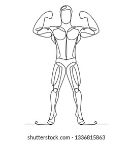 Drawing a continuous line. Bodybuilder on white isolated background