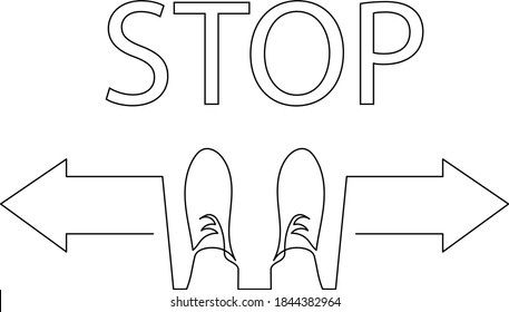 Drawing a continuous line of boots to the right and left. The concept of social distance, as well as the uncertainty of choice. Arrow in two directions. Feet in shoes.