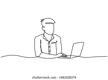 Drawing The Continuous Line Of Business Man Watching A Laptop Computer