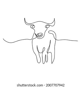 Drawing of a continuous line of cattle. Continuous line modern illustration. Silhouette of a bull, buffalo. Cattle. Strong animal logo.