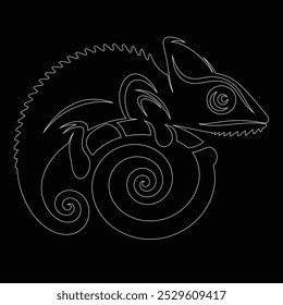 Drawing a continuous line. Chameleon on white isolated background, Cute cartoon chameleon. Black and white vector illustration