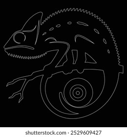 Dibujar una línea continua. Camaleón en el fondo aislado blanco, camaleón lindo de la historieta. Ilustración vectorial en blanco y negro