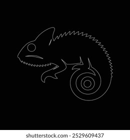 Drawing a continuous line. Chameleon on white isolated background, Cute cartoon chameleon. Black and white vector illustration