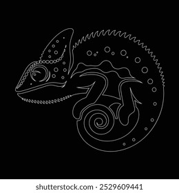 Dibujar una línea continua. Camaleón en el fondo aislado blanco, camaleón lindo de la historieta. Ilustración vectorial en blanco y negro