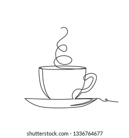 Drawing a continuous line. Cup of coffee with steam
