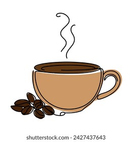 Drawing a continuous line. Cup of coffee with steam