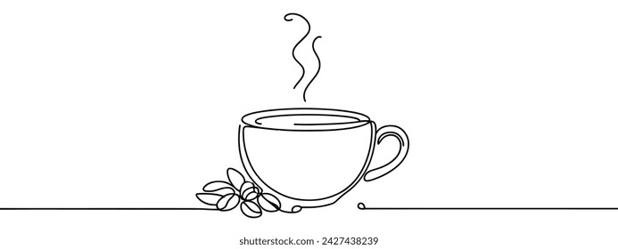 Dibujar una línea continua. Taza de café con vapor