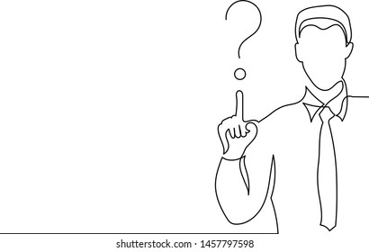 Drawing continuous line doodle. A male young businessman in a tie points his fingers to the top. Concept pay attention to the product. Important message. Question mark.