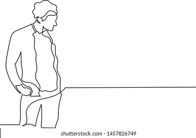 
Drawing continuous line doodle. Young man looking down and to the right. Concept pay attention to the product. Important message.