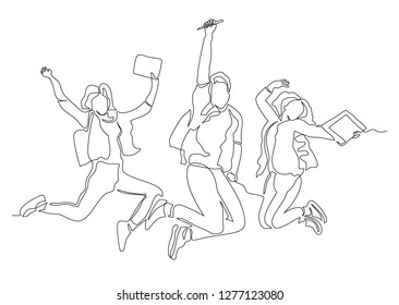 Drawing continuous line group young students in jump joyfully. concept of graduation or beginning of study. Hands up.