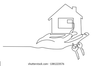 Drawing a continuous line of the house on the hand with the keys. The concept of building housing for young families.