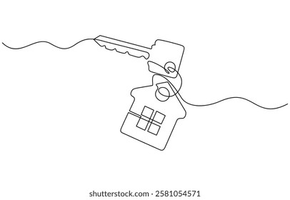 Drawing a continuous line of the house on the hand with the keys. Continuous One Line Drawing Real Estate Icons Concept, Single Line Vector Illustration.