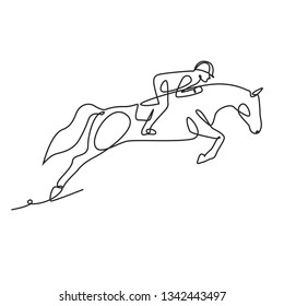 Drawing a continuous line. Jockey riding a horse on white isolated background