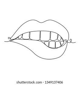 Drawing a continuous line. Lips on white isolated background. Linear style