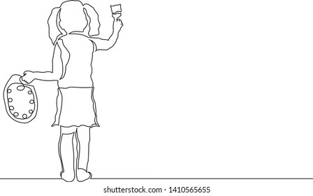 Drawing a continuous line of a little girl with pigtails draws a brush on the wall. Holds paint in his hand. The concept of a creative beginning.