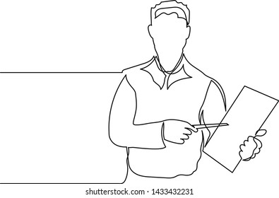 
Drawing a continuous line of a male leader points to a sheet of paper. Concept announcement, attention, information. Business.