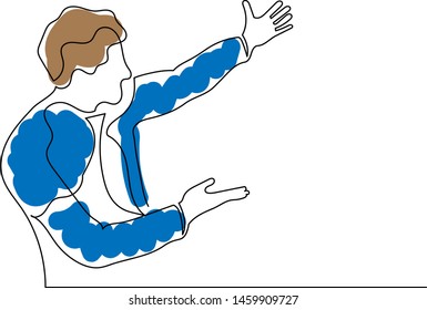 Drawing a continuous line a man points with two hands to the right. Concept note, the best offer, only today. Color.