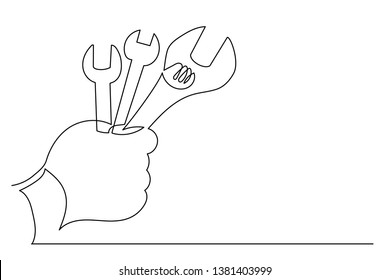Drawing continuous line the master's hand holds wrench   other keys for car repair  auto service concept