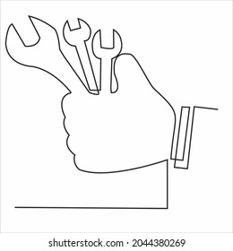 Drawing continuous line of the master's hand holds a wrench and other keys for car repair. auto service concept